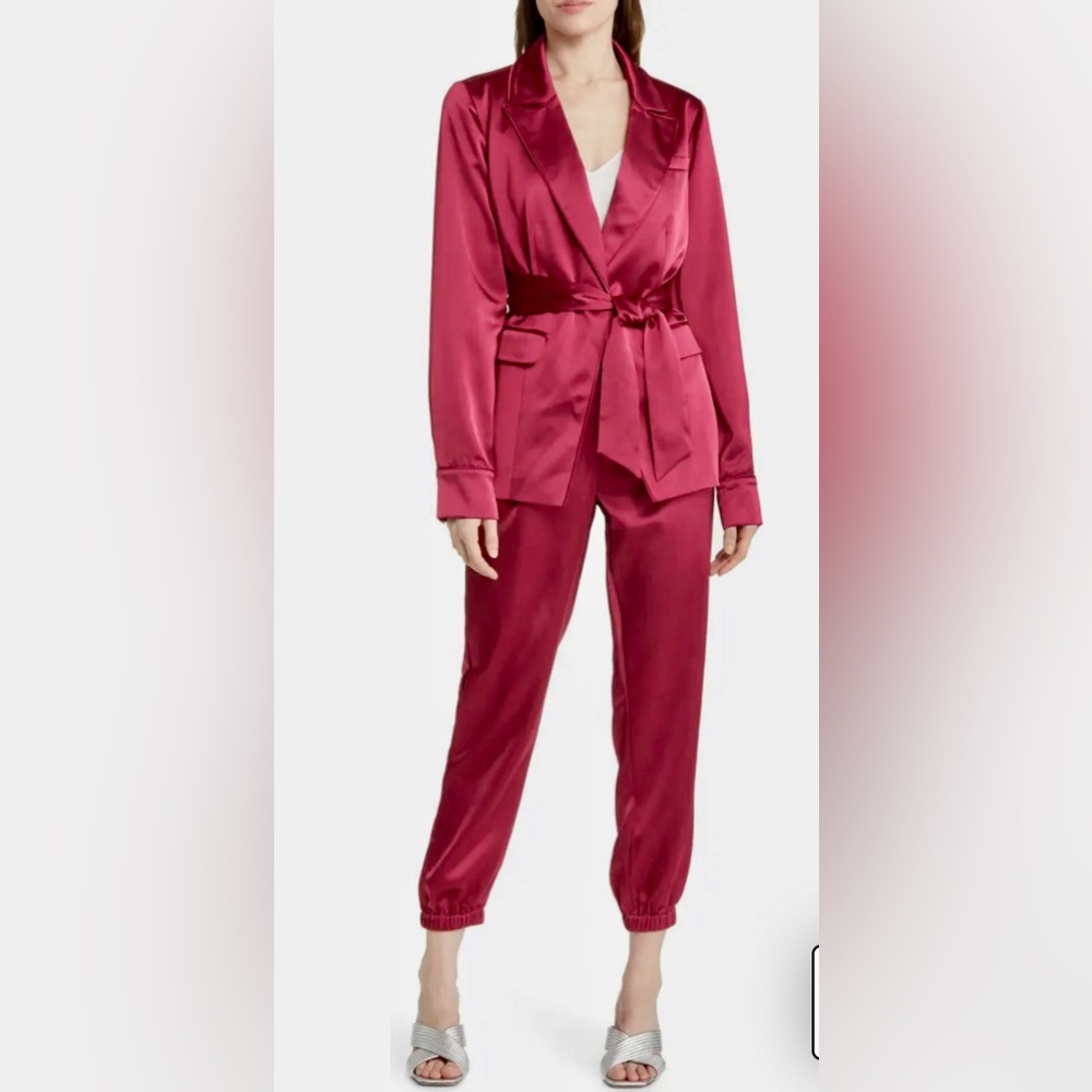 PAIGE red mulberry burgundy satin Havenn belted tie suit jacket blazer small new
